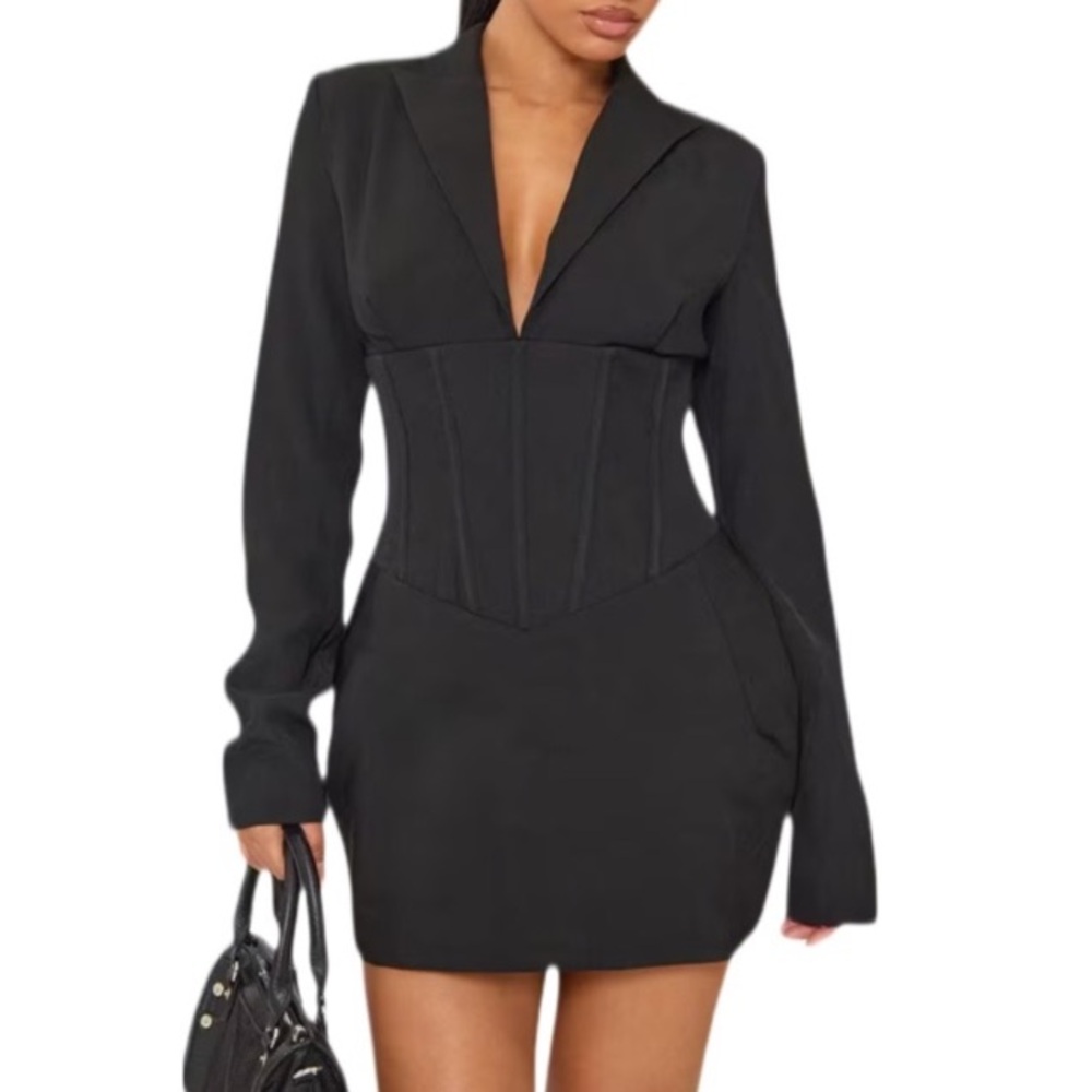 Lavish Alice Corset Tuxedo Blazer Mini Dress in Black Long Sleeves Size 10